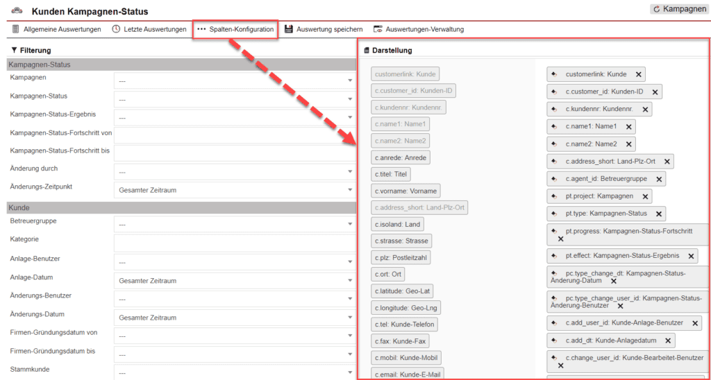 Screenshot der geöffneten Spalten-Konfiguration