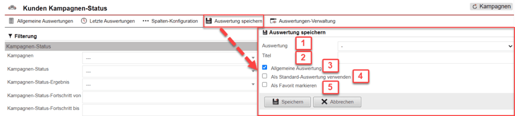 Screenshot geöffnetes Menü zum Speichern der konfigurierten Auswertung