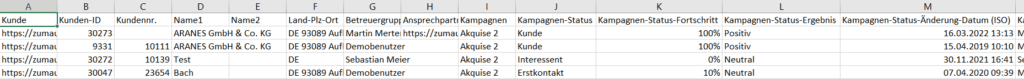 Screenshot CSV-Tabelle