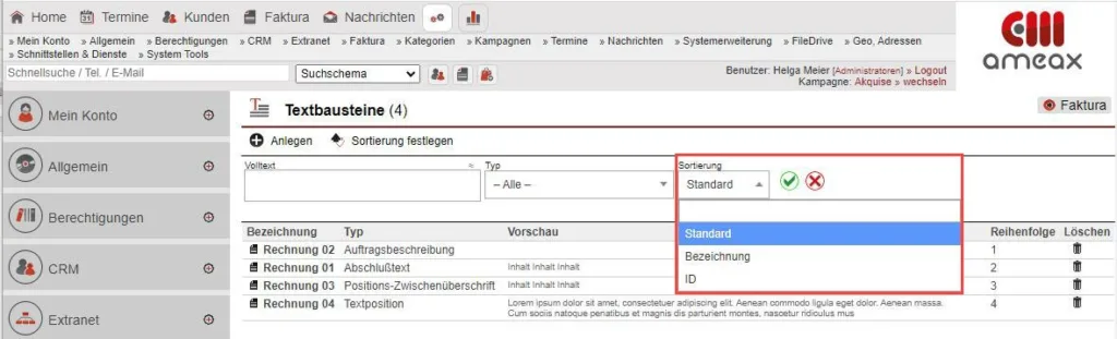 Screenshot Textbausteine über Drop-Down-Menü sortieren