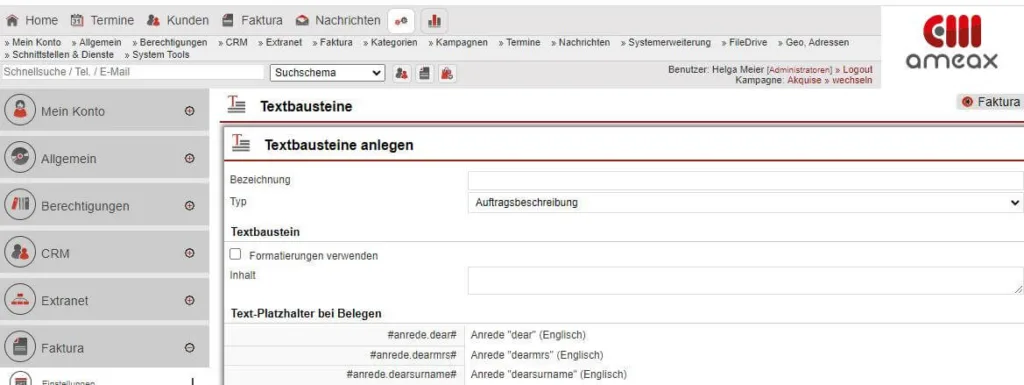 Screenshot Anlagemaske „Textbausteine“