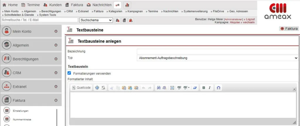 Screenshot Anlagemaske „Textbausteine“ Formatierungen verwenden