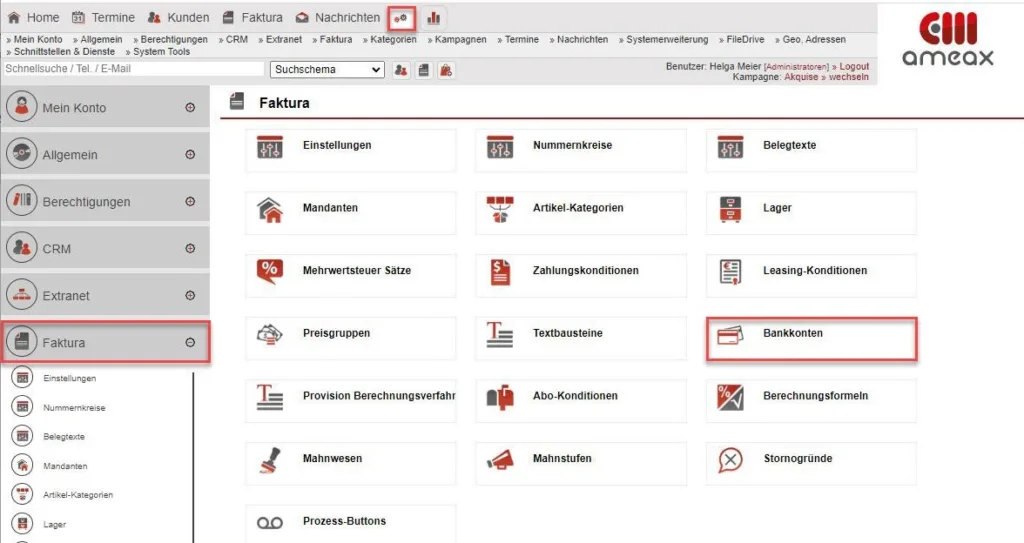 Screenshot Einstellungsbereich „Faktura“