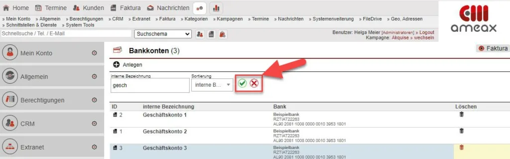Screenshot Bankkonto filtern über das Feld „interne Bezeichnung“