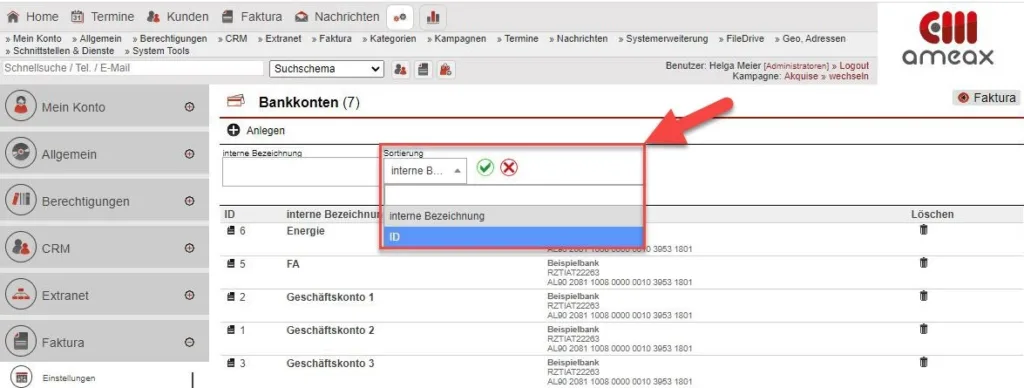 Screenshot Sortierung des Bankkontos über das Drop-Down-Menü vornehmen