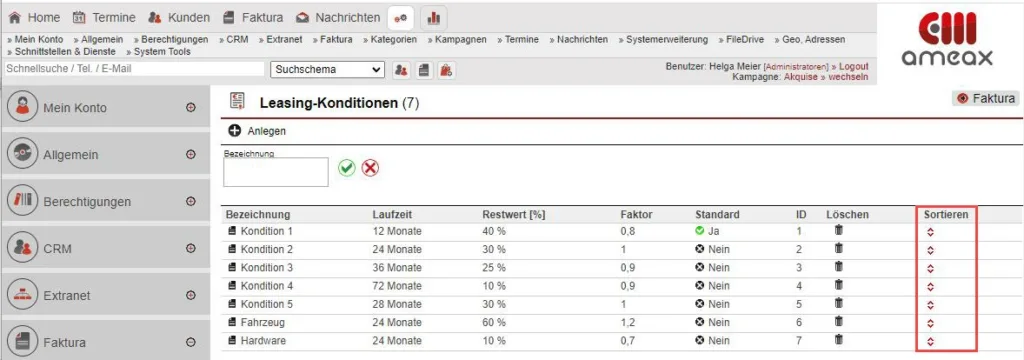 Screenshot Leasing-Konditionen sortieren