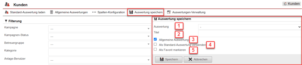 Screenshot geöffnetes Menü zum Speichern der konfigurierten Auswertung