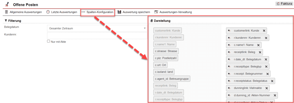 Screenshot der geöffneten Spalten-Konfiguration