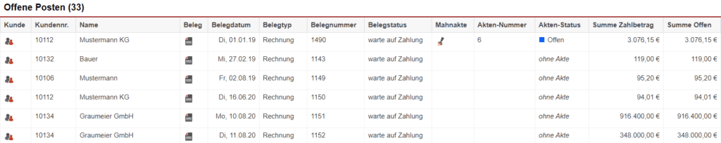 Screenshot einer Auswertung der Statistik „Offene Posten“