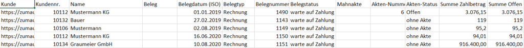 Screenshot CSV-Tabelle