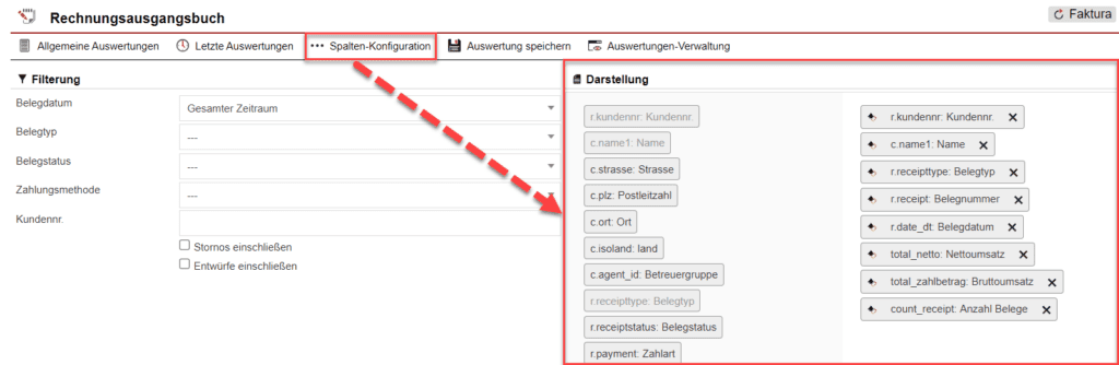 Screenshot der geöffneten Spalten-Konfiguration