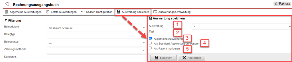 Screenshot geöffnetes Menü zum Speichern der konfigurierten Auswertung