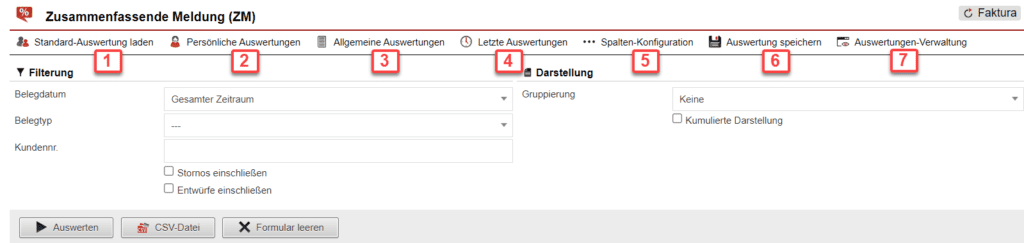 Screenshot mit der Übersicht über die Konfiguration der Statistik „Zusammenfassende Meldung (ZM)“