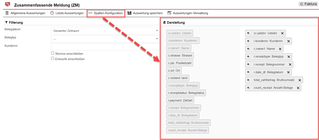 Screenshot der geöffneten Spalten-Konfiguration