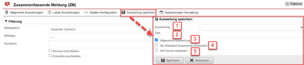 Screenshot geöffnetes Menü zum Speichern der konfigurierten Auswertung