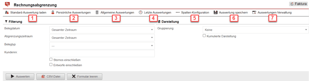 Screenshot mit der Übersicht über die Konfiguration der Statistik „Rechnungsabgrenzung“