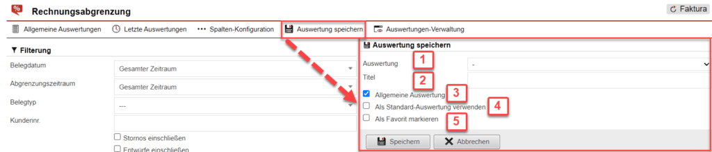 Screenshot geöffnetes Menü zum Speichern der konfigurierten Auswertung