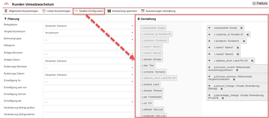 Screenshot der geöffneten Spalten-Konfiguration