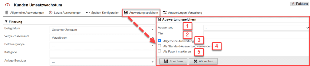 Screenshot geöffnetes Menü zum Speichern der konfigurierten Auswertung