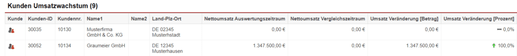 Screenshot einer Auswertung der Statistik „Kundenumsatzwachstum“