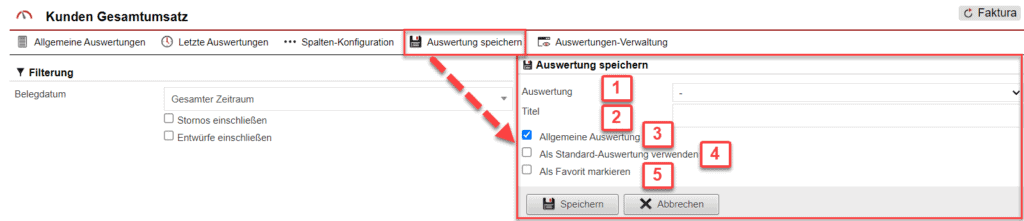 Screenshot geöffnetes Menü zum Speichern der konfigurierten Auswertung