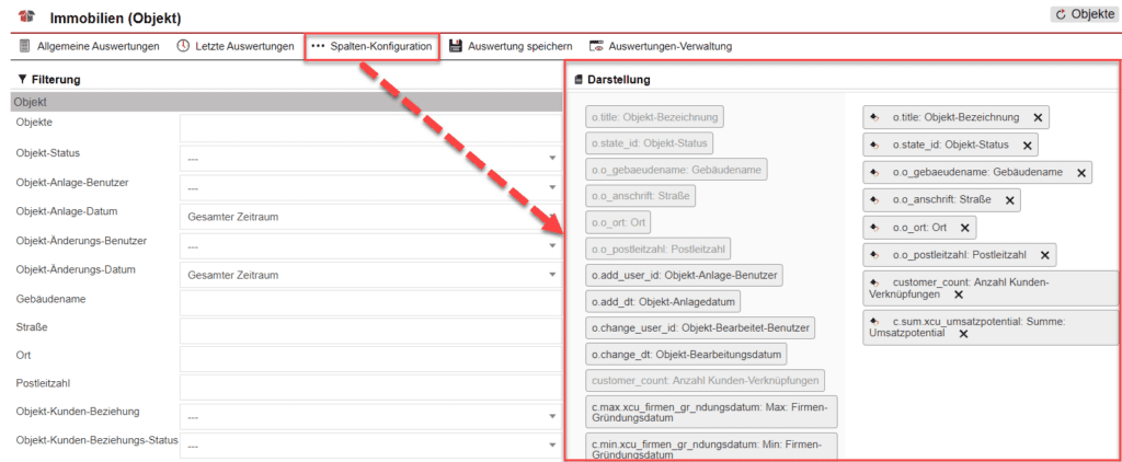 Screenshot der geöffneten Spalten-Konfiguration