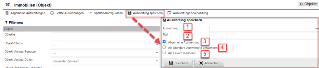 Screenshot geöffnetes Menü zum Speichern der konfigurierten Auswertung