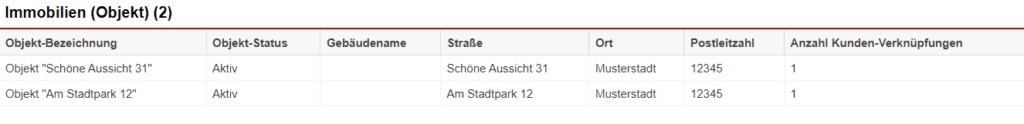 Screenshot der Auswertung einer Statistik aus dem Bereich „Objekte“