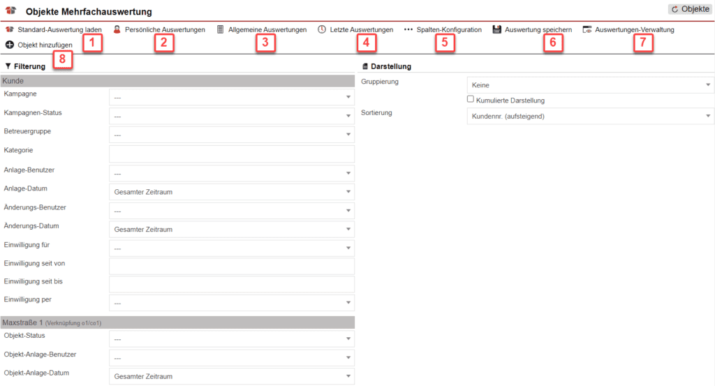 Screenshot mit der Übersicht über die Konfiguration der Statistik „Objekte Mehrfachauswertung“