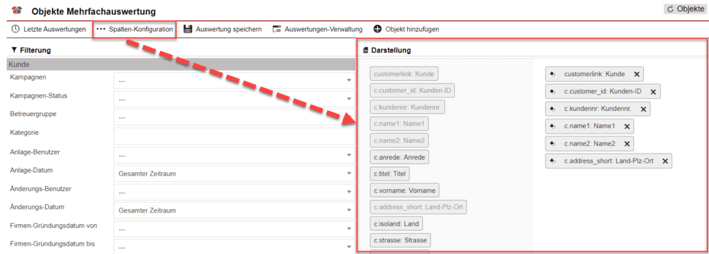 Screenshot der geöffneten Spalten-Konfiguration