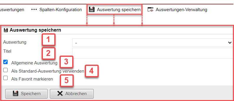 Screenshot geöffnetes Menü zum Speichern der konfigurierten Auswertung