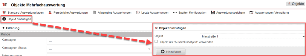 Screenshot der Eingabemaske für die Ergänzung eines Objekts in der Statistik „Objekte Mehrfachauswertung“