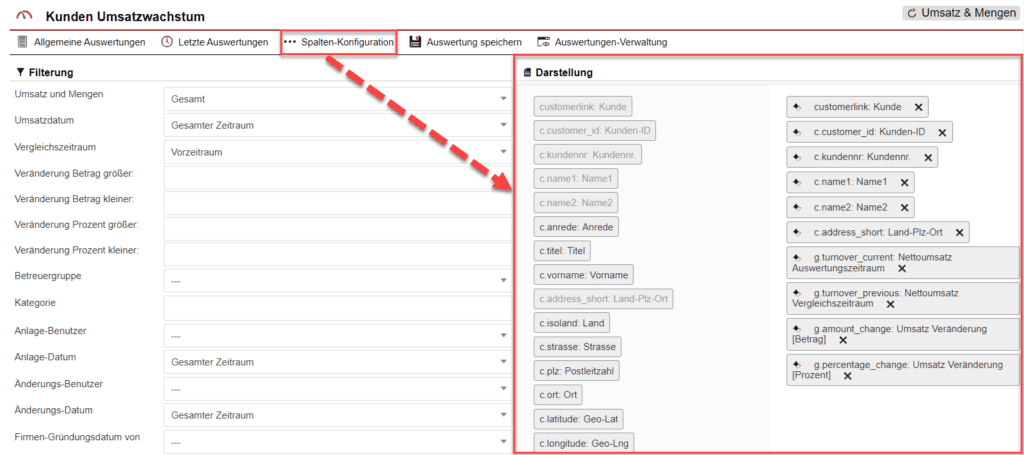 Screenshot der geöffneten Spalten-Konfiguration