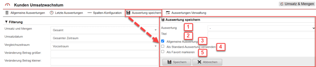 Screenshot geöffnetes Menü zum Speichern der konfigurierten Auswertung