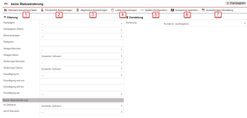 Screenshot mit der Übersicht über die Konfiguration der Statistik „Keine Statusänderung“