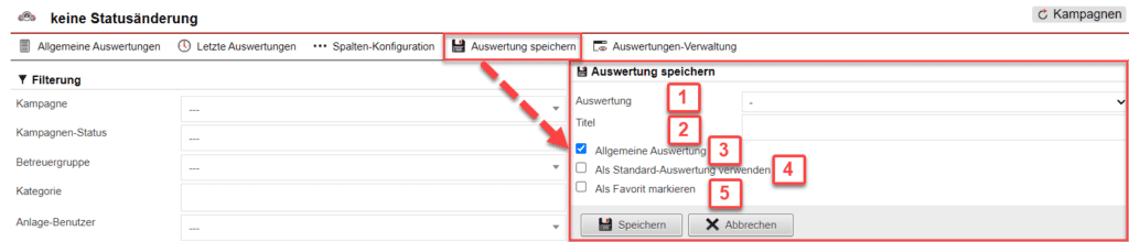 Screenshot geöffnetes Menü zum Speichern der konfigurierten Auswertung