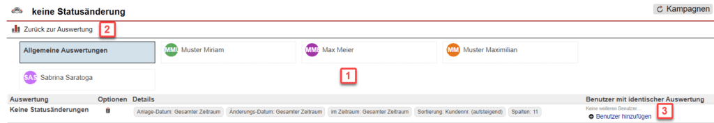 Screenshot über gespeicherte Auswertungen im Statistikbereich „Keine Statusänderung“