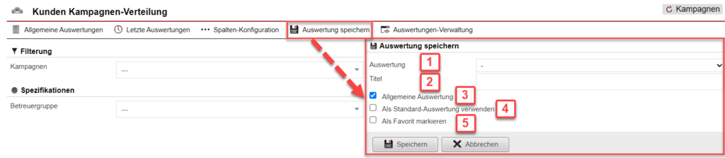 Screenshot geöffnetes Menü zum Speichern der konfigurierten Auswertung