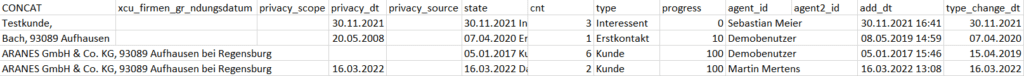 Screenshot CSV-Tabelle