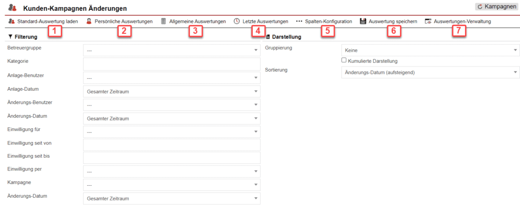 Screenshot mit der Übersicht über die Konfiguration der Statistik „Kunden-Kampagnen Änderungen“