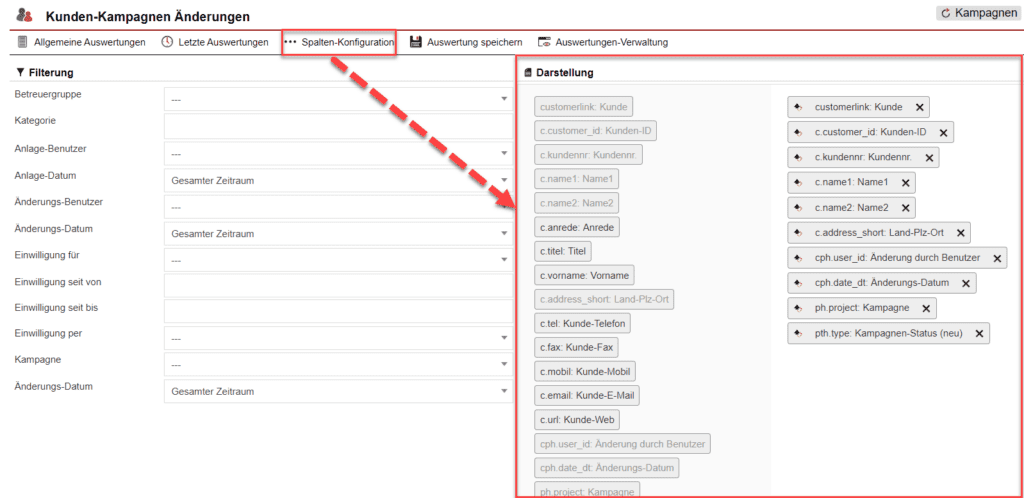 Screenshot der geöffneten Spalten-Konfiguration