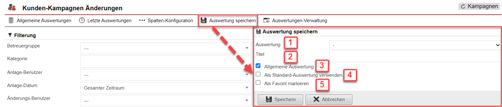 Screenshot geöffnetes Menü zum Speichern der konfigurierten Auswertung