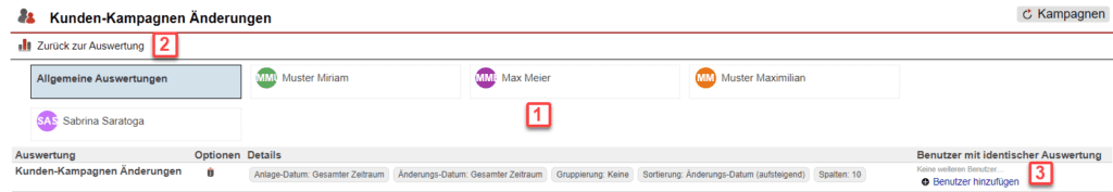 Screenshot über gespeicherte Auswertungen im Statistikbereich „Kunden-Kampagnen Änderungen“