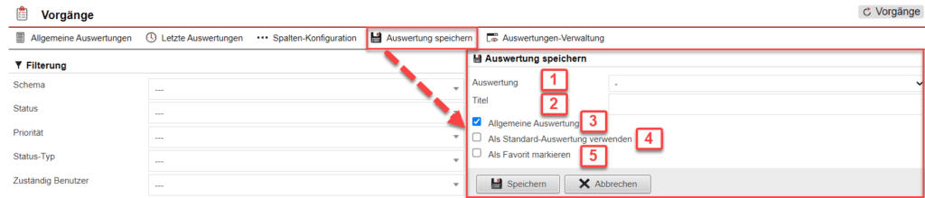 Screenshot geöffnetes Menü zum Speichern der konfigurierten Auswertung