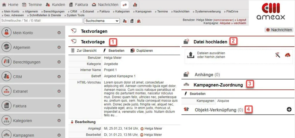 Screenshot Textvorlagen bearbeiten