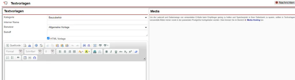 Screenshot Textvorlagen „HTML-Vorlage“ und „Media“