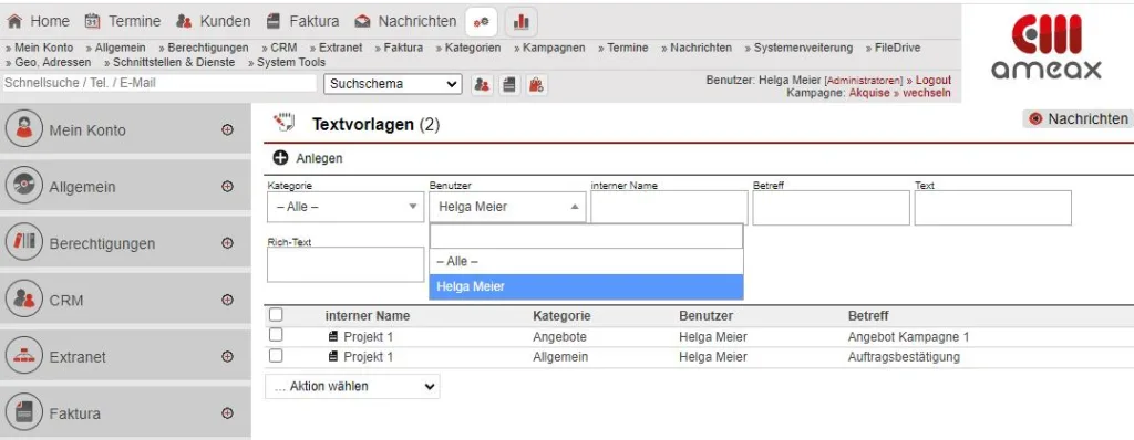 Screenshot Textvorlagen über Drop-Down-Menü filtern