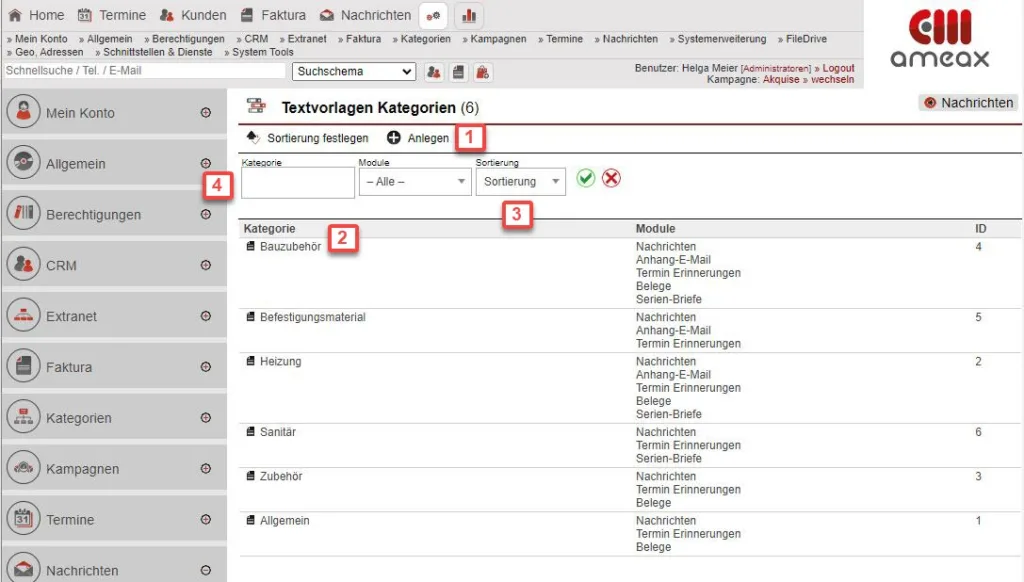 Screenshot Übersichtsmaske „Textvorlagen Kategorien“