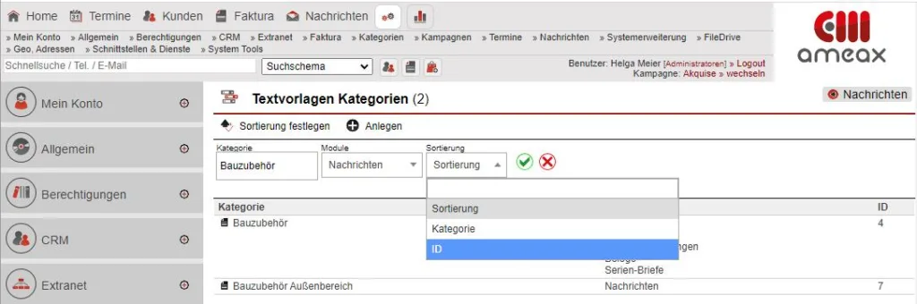 Screenshot Textvorlagen Kategorien über Drop-Down-Menü sortieren