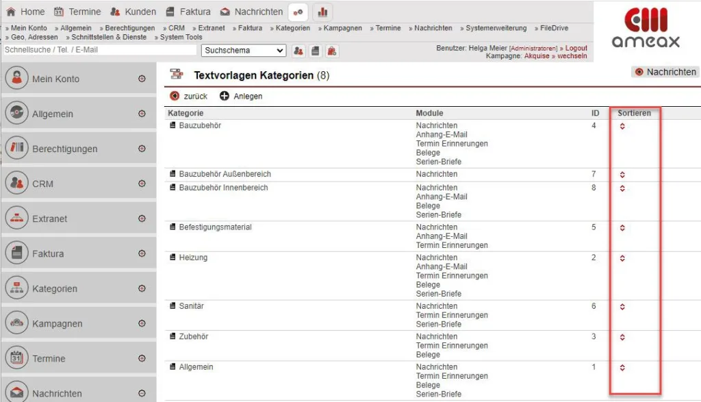 Screenshot Sortierung Textvorlagen Kategorien über „Sortierung festlegen“